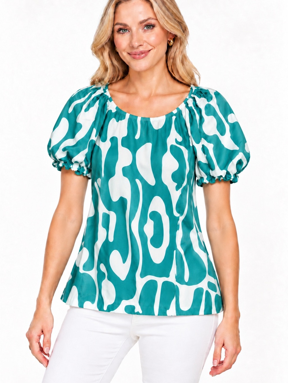 Umgee NWT Size Small Teal and White Puff-Sleeve Printed Women's Top